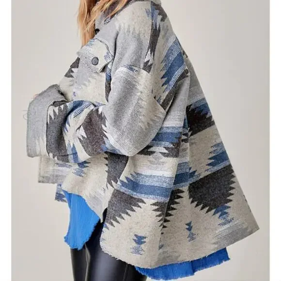 NWT La Miel Aztec Oversized Shacket Blue Grey Southwestern Frayed Hem Large - Picture 12 of 12